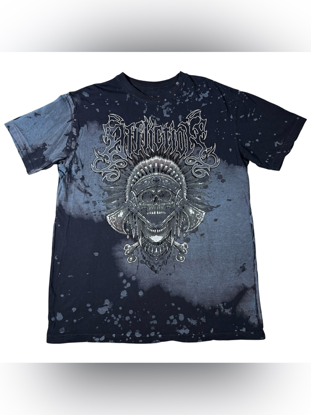 Affliction Live Fast T Shirt Mens L Skull Headdress Bleach Splatter Y2K Biker